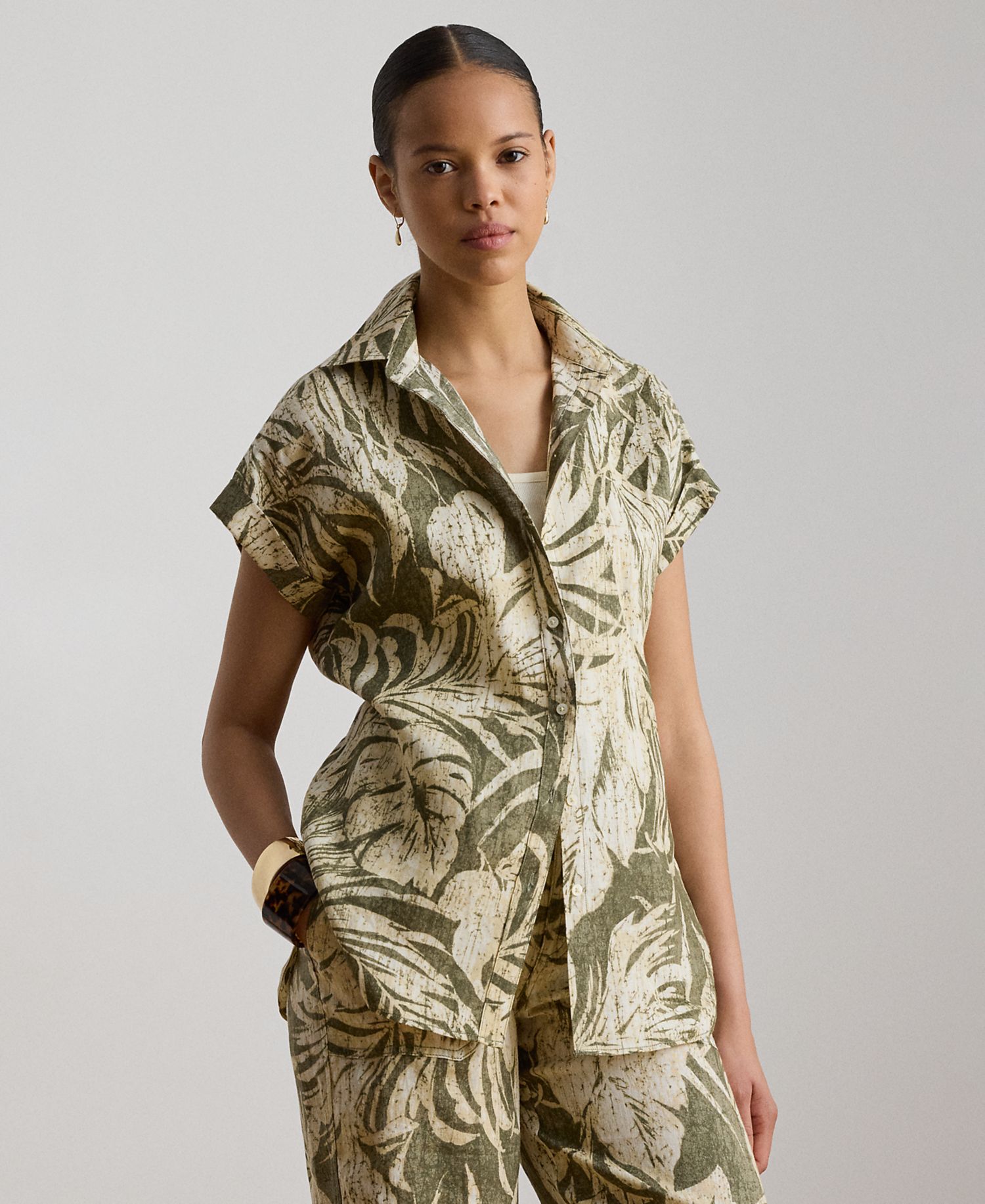 Petite Point Collar Relaxed-Fit Print Shirt