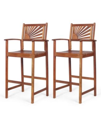 2-Piece Outdoor Acacia Wood Bar Chairs with Sunflower Back and Armrests