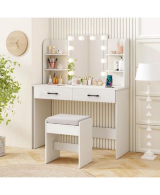 Vanity Set with Lighted Mirror Stool and Power Outlet