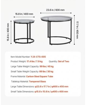 Nesting Coffee Table Set of 2, 23.6" Round Glass Tables for Small Spaces