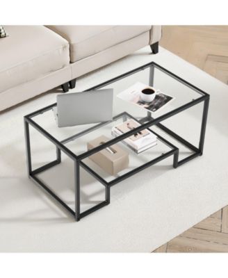 Coffee Table, Tempered Glass Center Table, 2-Tier with Open Storage for Living Room