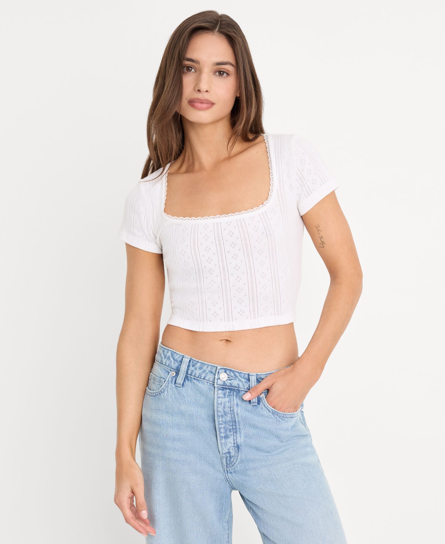 Women's Pointelle Square Neck Crop Top