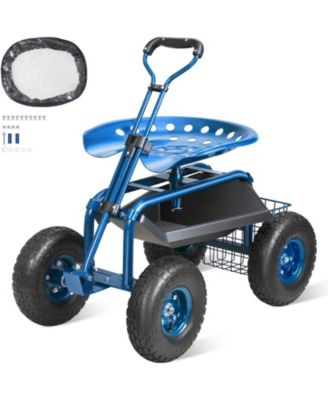 Rolling Garden Workseat with 360-Degree Swivel Seat and Adjustable Handle for Yard Use