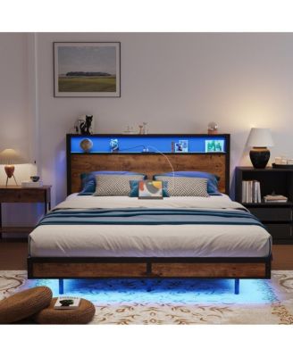 Bed Frame With Led Lights, Industrial Platform Bed With Charging Station
