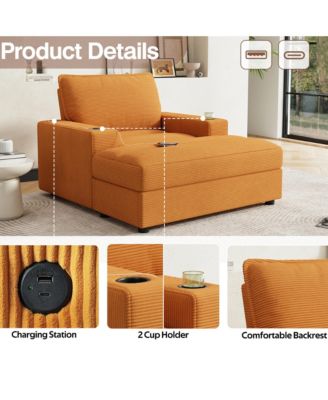 42.8" Corduroy Sleeper Couch with Storage Ottoman, Cup Holders and USB Charging, Oversized Chaise Lounge Sofa Bed for Living Room