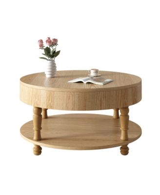 Round Solid Wood Coffee Table, Modern Center Table with Hidden Storage, Two-Tier Design for Living Room, Office