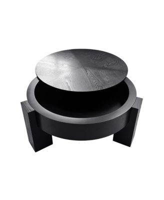 31.5'' Round Coffee Table with Hidden Storage - Wood Parquet Veneer Top Table, 3 Block Legs, Center Accent Table for Living Room