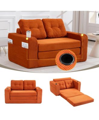Boneless Convertible Sofa Bed, Soft Corduroy Loveseat with Cup Holders and Pillows, Space Saving Fold Out Floor Couch for Home