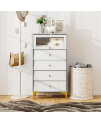 Modern 4 Drawer Cabinet with Fluted Glass Flip-Up Door