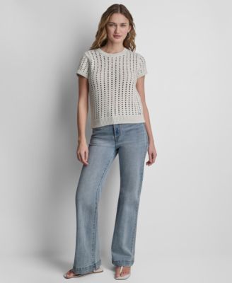 Women's Short-Sleeve Chunky Pointelle Crewneck Sweater 