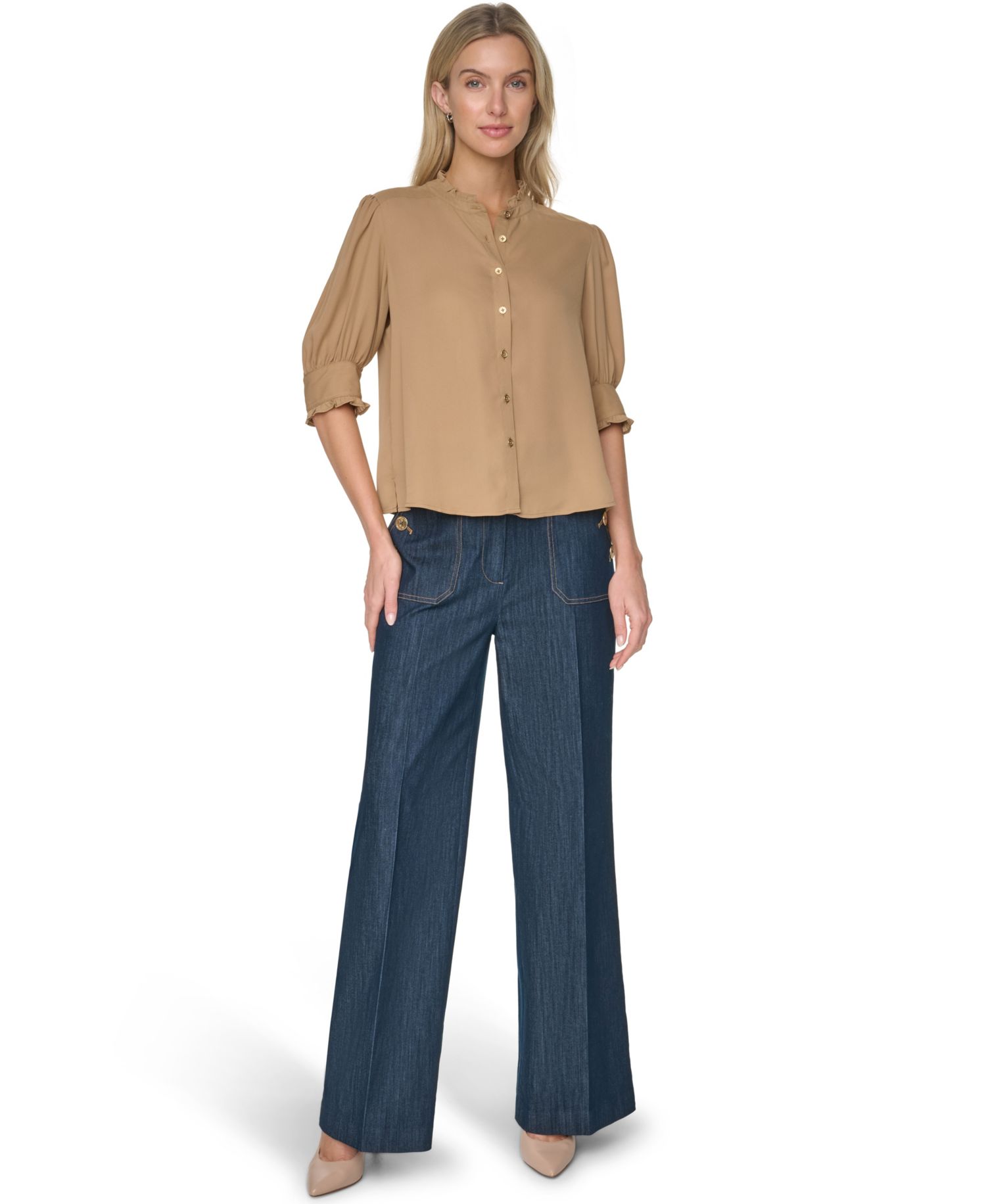 Women's Puff-Sleeve Ruffle Collared Shirt