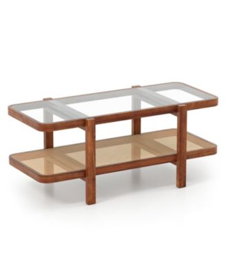 Modern 2-Tier Coffee Table with Glass Top and Open Storage Shelf Design