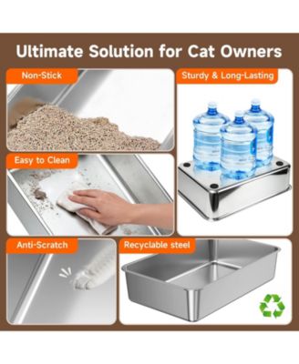 Extra Large Stainless Steel Cat Litter Box Odor Free High Sides With Scoop Easy Cleaning Anti Leak Non Stick