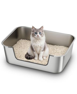 Stainless Steel Cat Litter Box Low Entry Anti Splash Odor Free Non Stick Easy Clean for Senior Injured Cats
