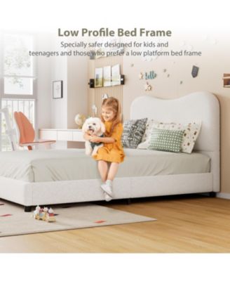 Kids Bed Frame Velvet Upholstered Headboard Low Platform Wood Slats Noise Free No Box Spring