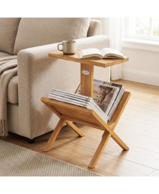 Teak Wood 2-Tier Side Table with Built-In Magazine Rack