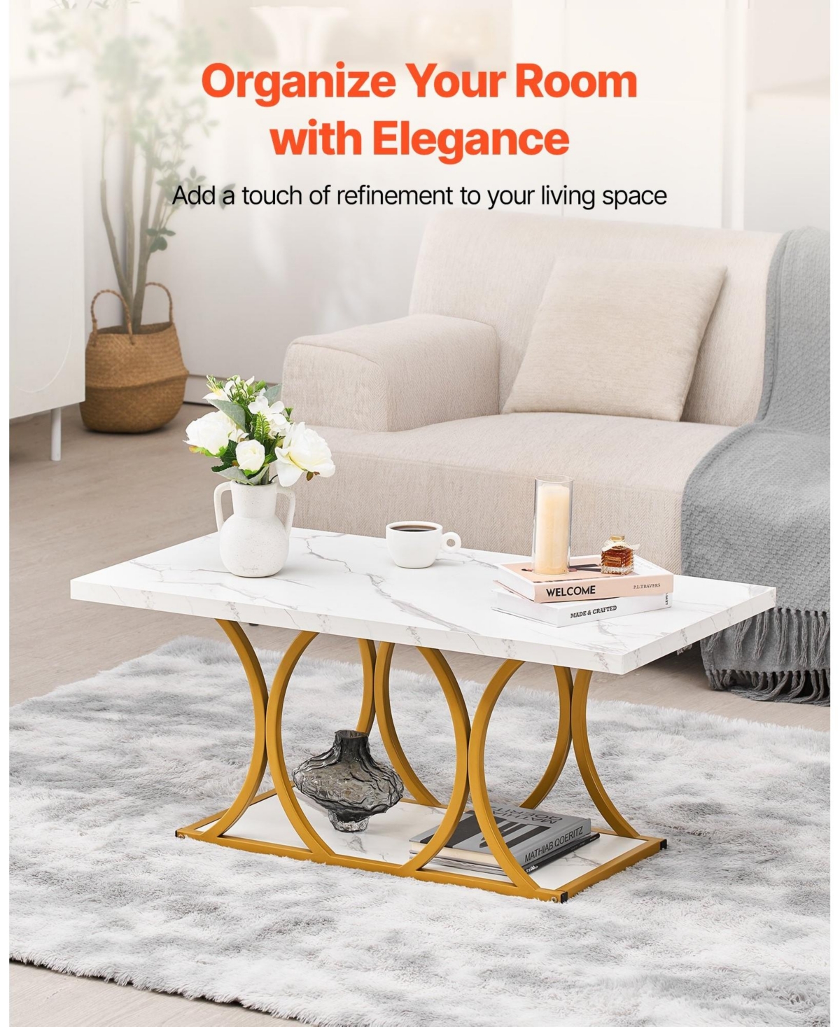 Sugift Coffee Table, Modern Faux Marble, 2-Tier Rectangle Desk with Geometric Legs