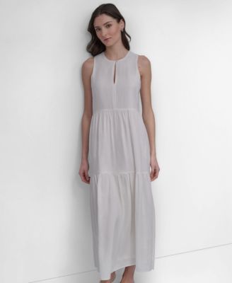 Women's Sleeveless Keyhole Crewneck Tiered Maxi Dress