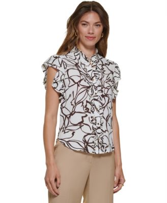 Petite Flutter Short-Sleeve Mock Neck Blouse