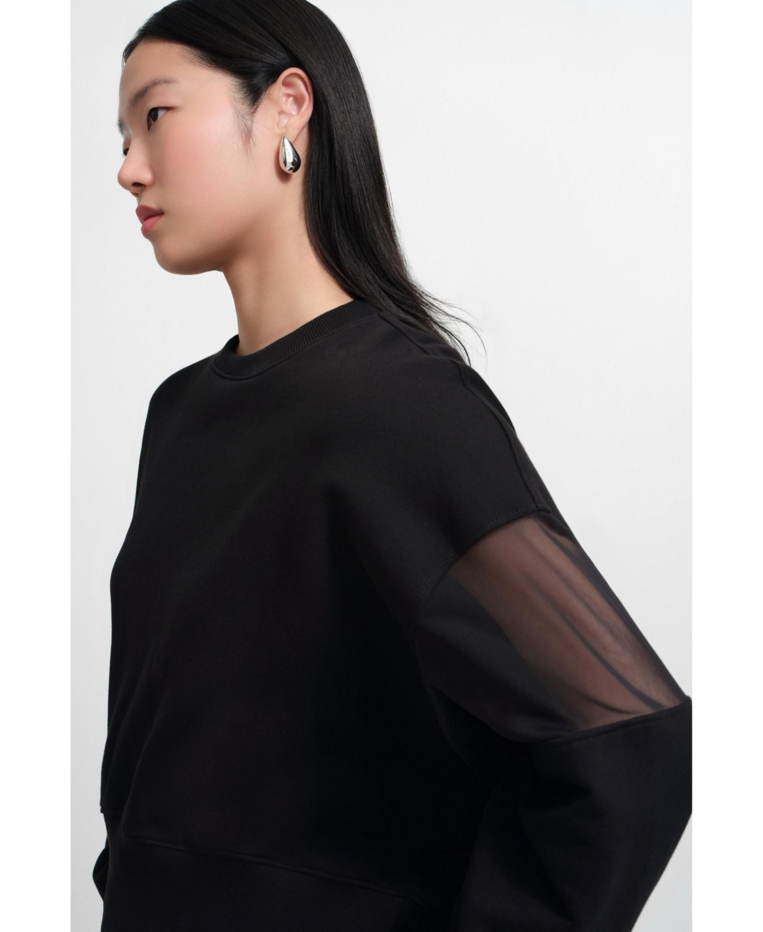 Women's Iara Mesh-Sleeve Panel Dropped-Shoulder Ribbed-Hem Sweatshirt