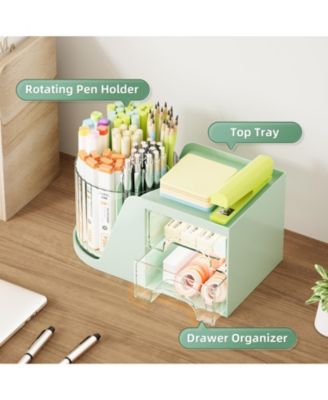 Desk Organizer Rotating Pen Holder 2 Drawer Storage 6 slots