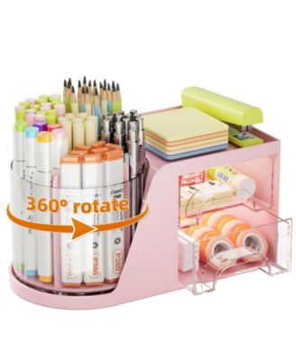 Desk Organizer Rotating Pen Holder 2 Drawer Storage 6 slots