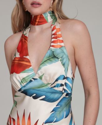 Women's Printed Halter Scarf-Tie Maxi Dress