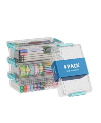 4 Pack Plastic Pencil Case Clear Stackable Organizer Art Supply Storage Box Colorful