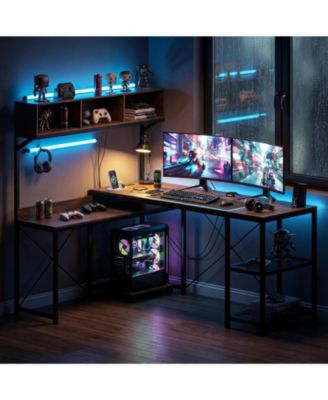 62 Inch Brown L Shaped Desk with Power Outlet and Storage Hutch