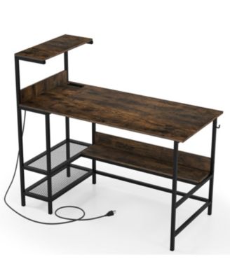  Study Computer Desk with Power Outlets and Multi Tier Shelves