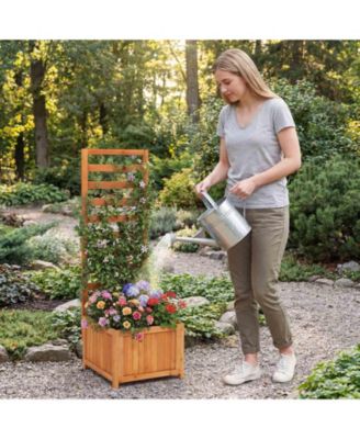 48'' Wood Raised Garden Bed w/Trellis Drainage Holes and Gaps for Climbing Plants