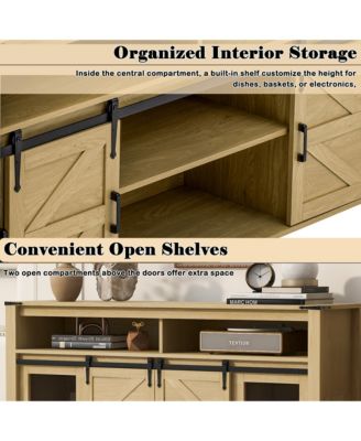 Farmhouse Buffet Cabinet with Sliding Barn Doors, Mesh Panels and Open Storage Cubbies for Living Room, Kitchen and Dining Room