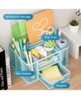 Mesh Desk Organizer Pen Holder 2 Drawer 5 Compartments Office