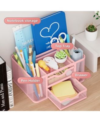 Mesh Desk Organizer Pen Holder 2 Drawer 5 Compartments Office