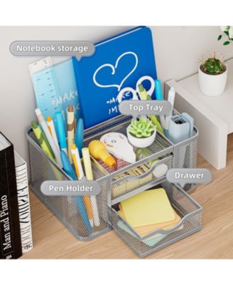 Mesh Desk Organizer Pen Holder 2 Drawer 5 Compartments Office