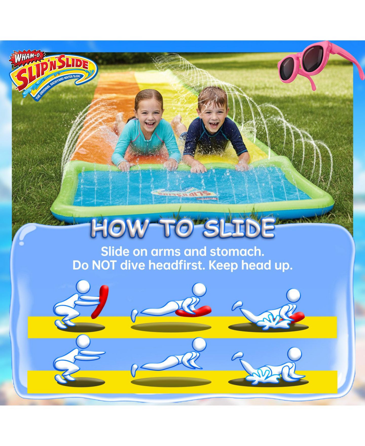 Детская игрушка Wham-o Slip N Slide Water Slide, 18ft Backyard Wave Rider Summer Outdoor Kid Toys, Double Lane, Includes 2 Boogie, цвет: Оранжевый / Жёлтый — фото 8