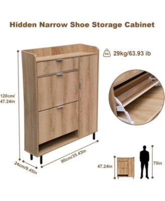 Oak Wavy Shoe Cabinet with 2 Flip Drawers and 2 Small Drawers, Metal Legs, 9.45 in Deep Slim Entryway Storage Organizer