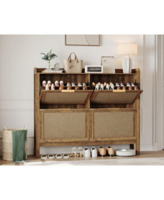 Rattan Shoe Cabinet with 4 Flip Drawers, 47 Wide Slim Entryway Storage, 9.45 Depth