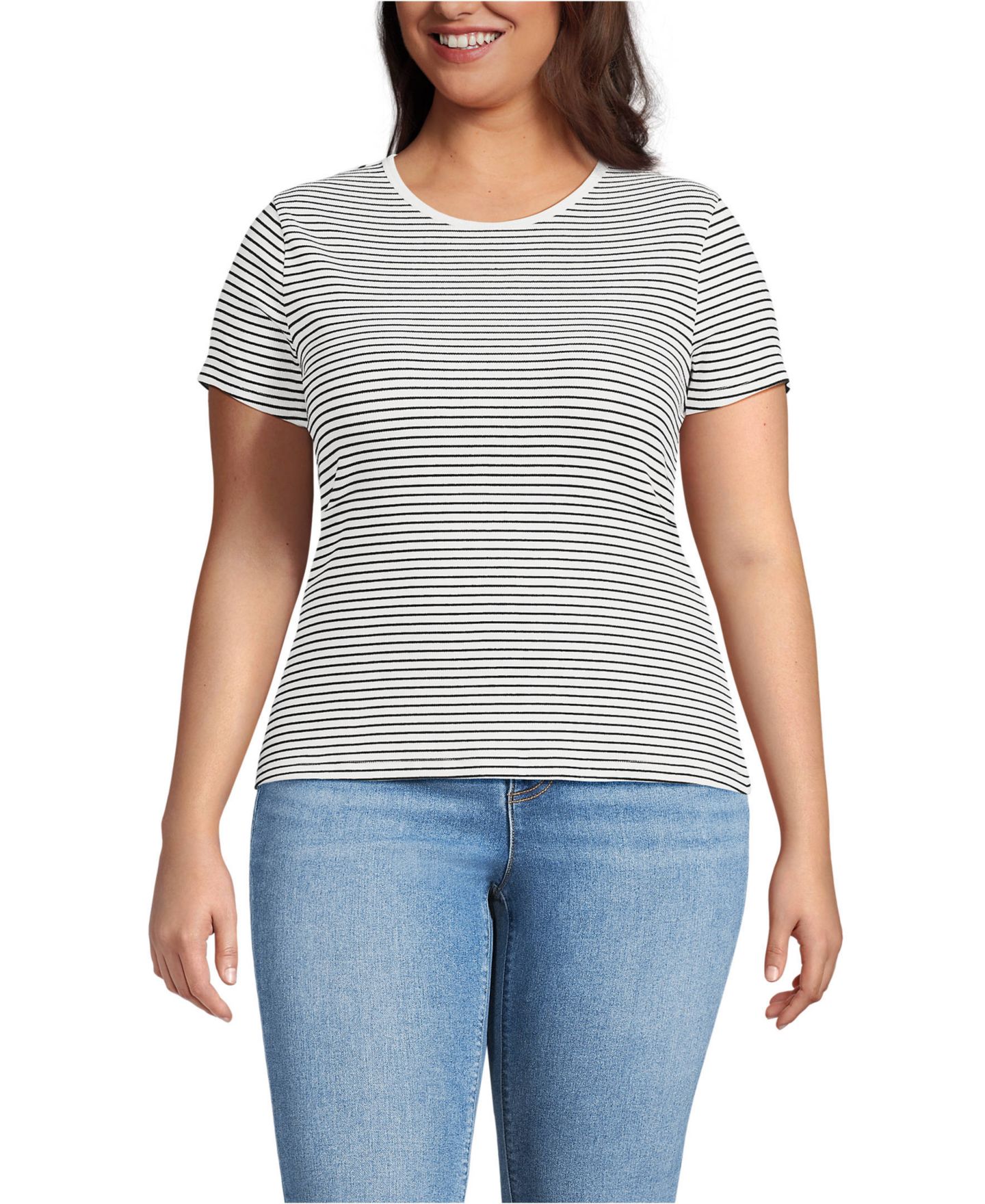 Женская футболка Lands' End Plus Size Short Sleeve Crew Neck Micro Rib Mini, цвет: Слоновая кость / Чёрный полосатый — фото 2