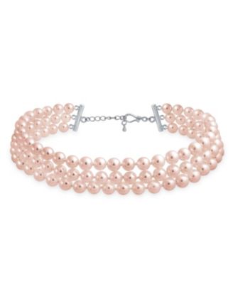 Pink White 3 Strand Wide Simulated Pearl Choker Collar Necklace