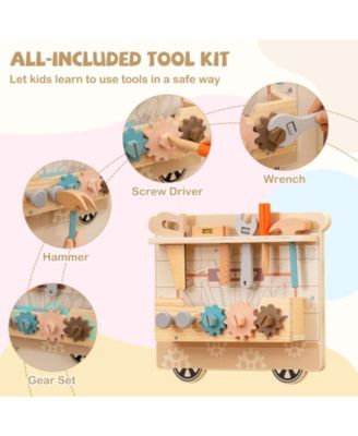 Wooden Sensory Wall Panel with Vanity & Toolbox, Fun Interactive Play for Kids