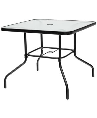 35'' Patio Dining Square Tempered Glass Table w/ Umbrella Hole Backyard