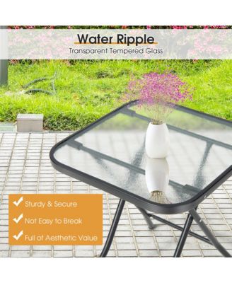 18'' Foldable Patio Side Table Square Coffee Bistro Table w/ Tempered Glass Table Top