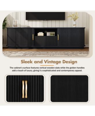 Farmhouse Fluted TV Stand, Media Console with Sliding Wood Slatted Doors and Drawer, Suitable for TVs Up to 75" in Living Room