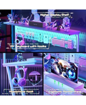 55'' Gaming Desk - Cumputer Desk with Hutch, Outlets, and LED Lights