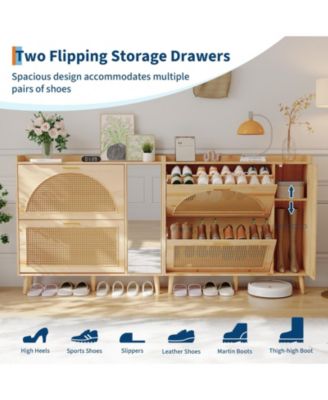 Rattan Shoe Cabinet with Mirror, 2 Flip Drawers and Side Door,  Entryway Storage