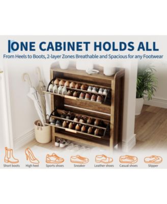 Farmhouse Rattan Shoe Cabinet with 2 Flip Drawers, Brown, 32 in Narrow Entryway Storage