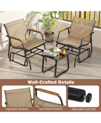 3-Piece Outdoor Glider Bistro Set with Teak Wood and Glass Table