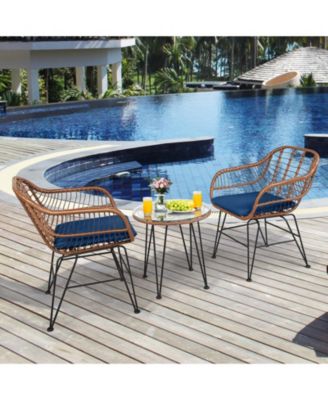 3-Piece Patio Rattan Bistro Set with Cushioned Armchairs