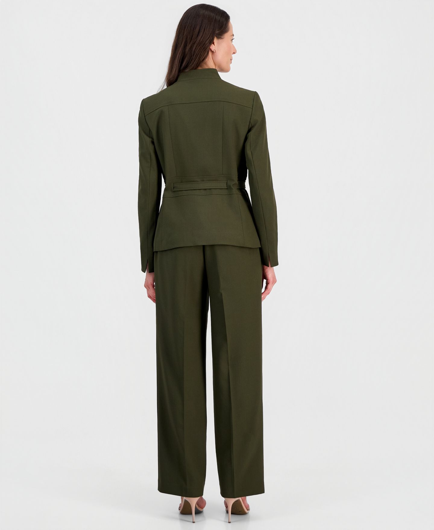 Женские брюки Le Suit Four-Button Belted Jacket & Fly-Front Wide-Leg Pants Suit, цвет: Тёмно-зелёный — фото 2